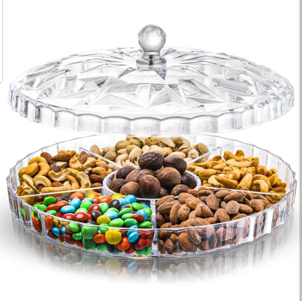 ZOOFOX Snack Serving Tray, 12" Appetizer Tray with Lid, 6 Compartments Round Pla